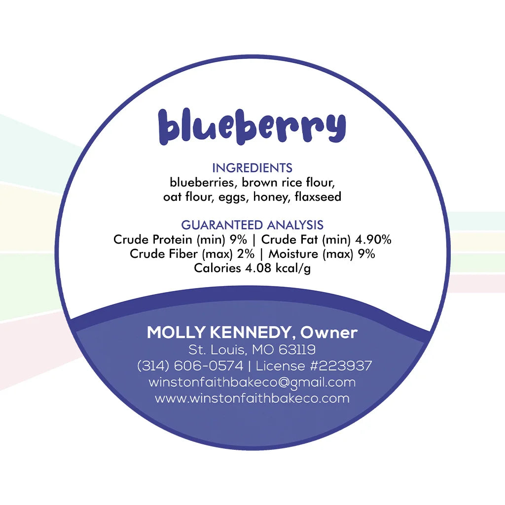white and blue dog treat label