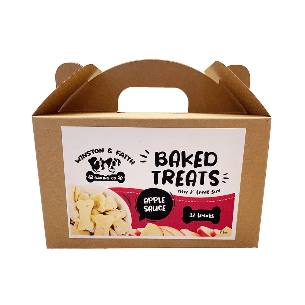 a brown packaging box with a white and red label on the front of the dog treat packaging box