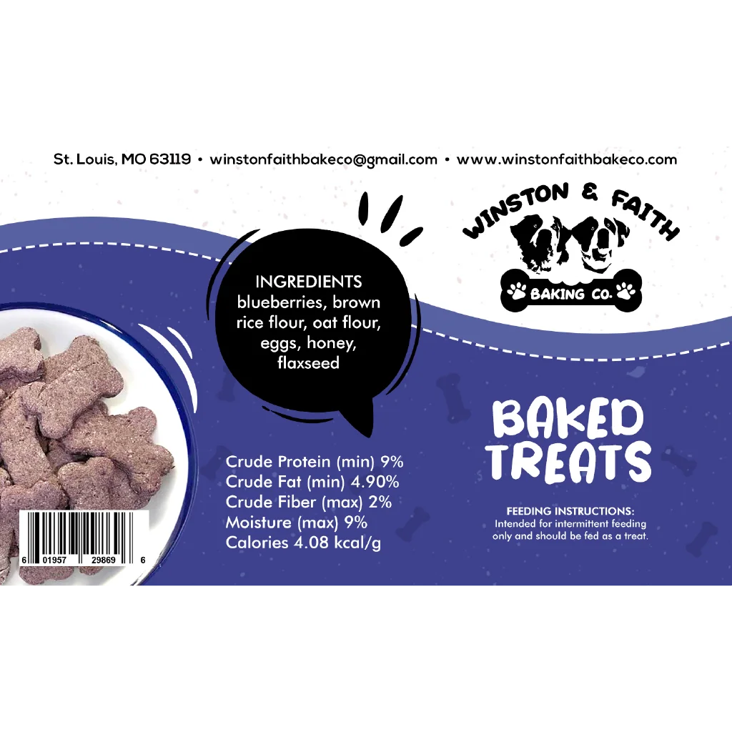 white and blue dog treat label