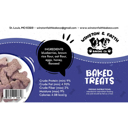 white and blue dog treat label