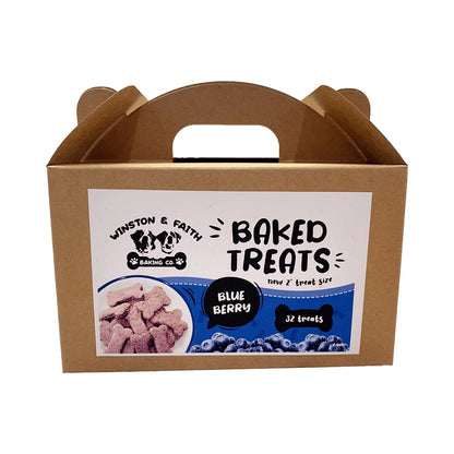 a brown packaging box with a white and blue label on the front of the dog treat box