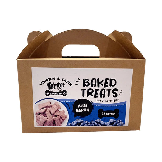 a brown packaging box with a white and blue label on the front of the dog treat box