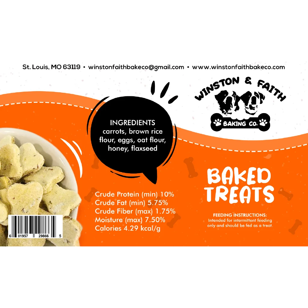 white and dark orange dog treat label