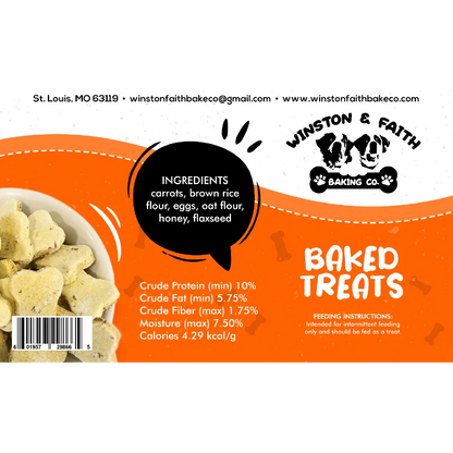 white and dark orange dog treat label