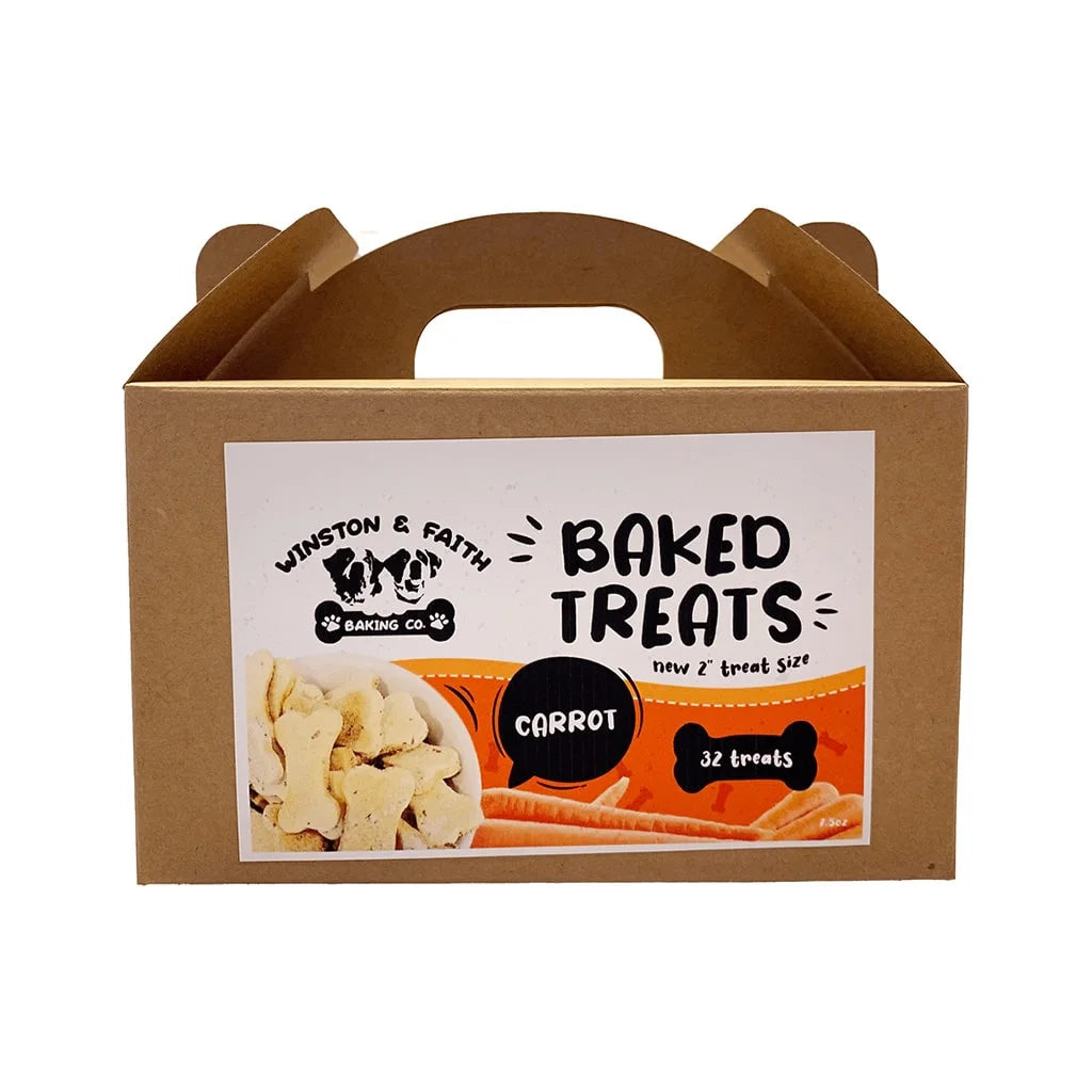 a brown packaging box with a white and orange dog treat label on the front 