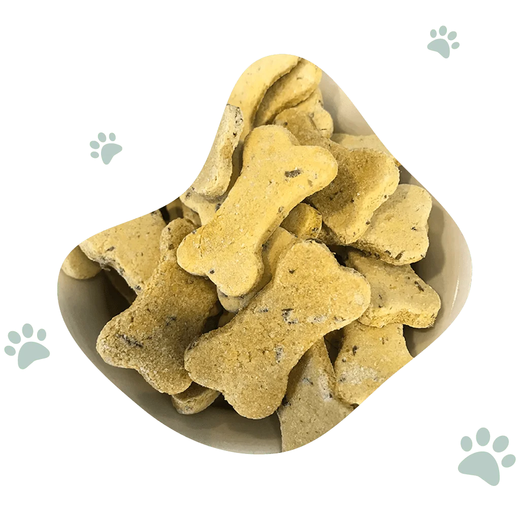 homemade dog treats in a bowl surrounded by light grey paw print icons