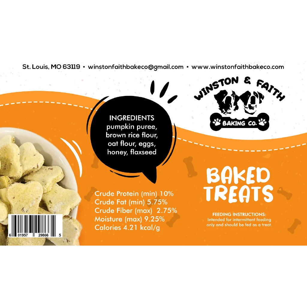 white and orange dog treat label