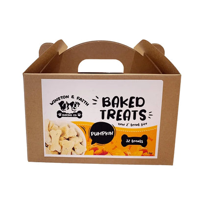 a brown packaging box with a white and orange label on the front of the dog treat box 