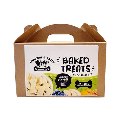 a brown packaging box with a white and green label on the front of the dog treat box 