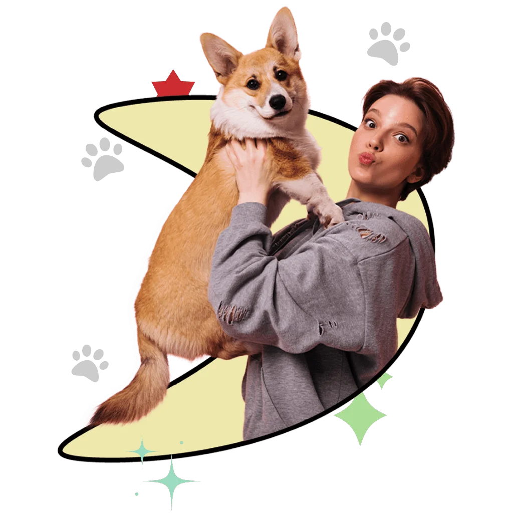 woman holding a dog in front of stars on top of a yellow moon shape